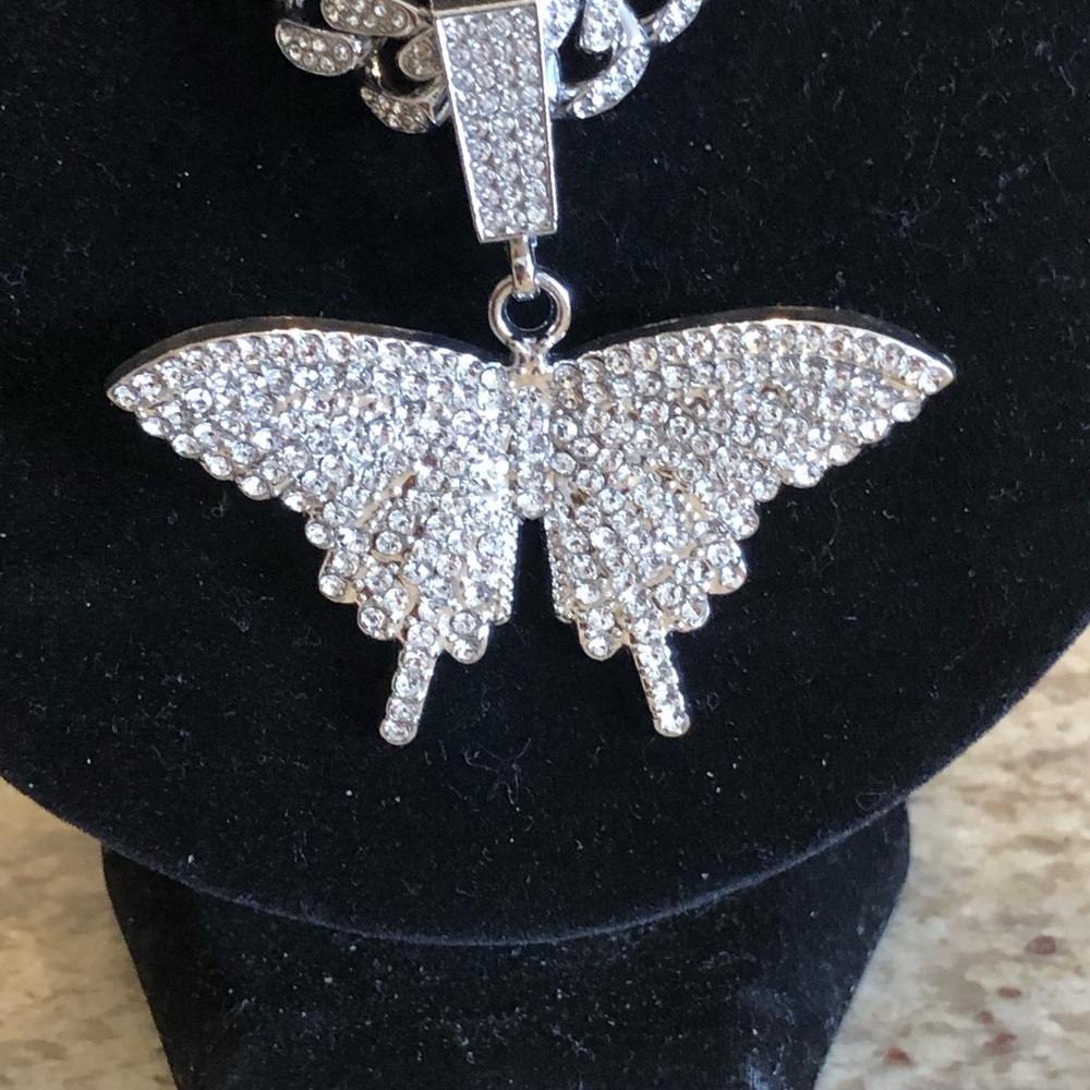 CZ Butterfly Pendant Cuban Chain Necklace - Picture 2 of 3